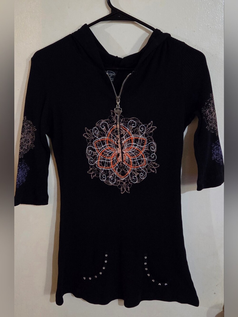 Y2K Sledge USA Grunge Mandala Half-Zip Hooded Ribbed Hooded Shirt Sz Large NWOT
